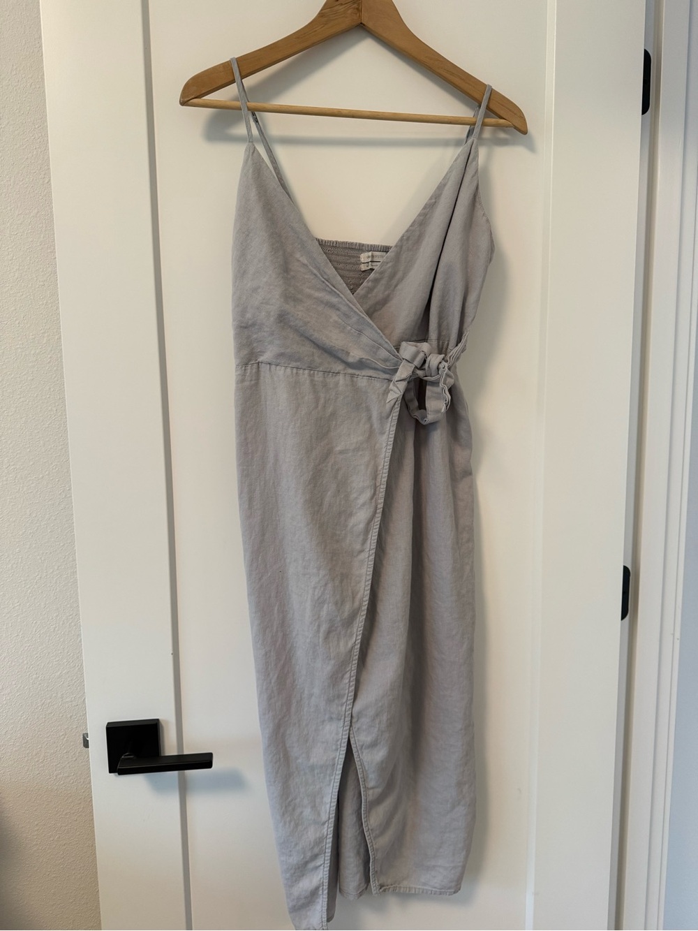 Urban Outfitters Linen Blend Wrap Midi Dress Gray Side Tie Smocked Back M